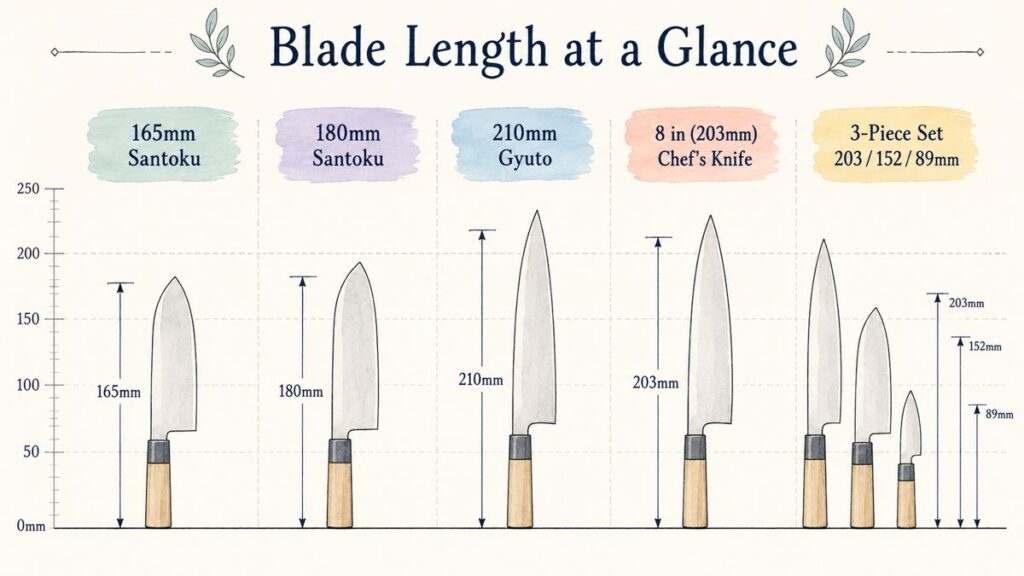 Blade length comparison of five Japanese knives from 165mm santoku to a three-piece set