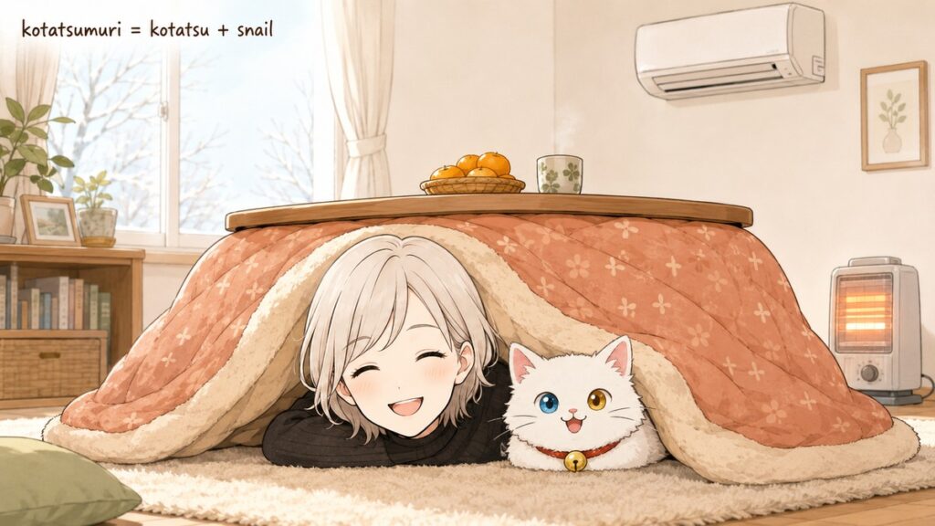 Japanese mom and a white cat peeking out from under a kotatsu blanket, illustrating the word kotatsumuri