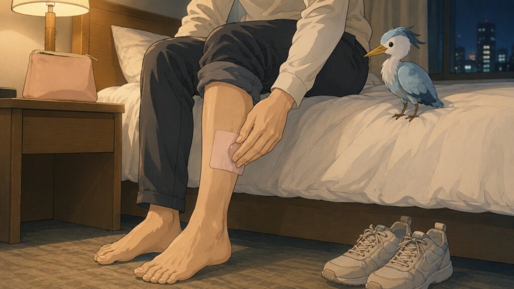 Applying a pink cooling sheet to the lower leg while sitting on a hotel bed in Japan