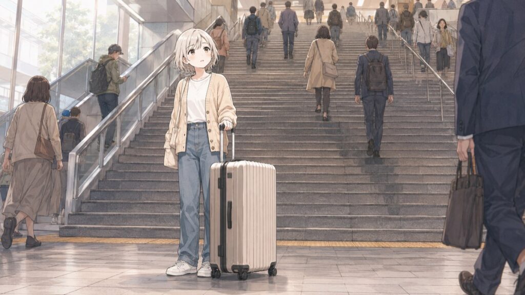 Traveler pausing with a large suitcase at the bottom of a Japanese station staircase
