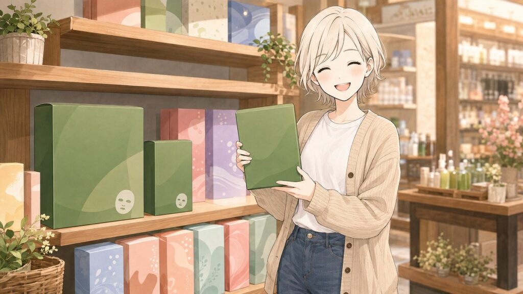 YUU holding a green LuLuLun Precious sheet mask pack in a Japanese shop