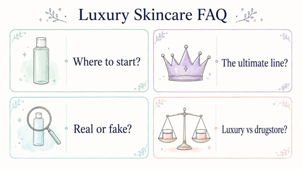 Four FAQ cards about Japanese luxury skincare: where to start, the ultimate line, real or fake, and luxury vs drugstore