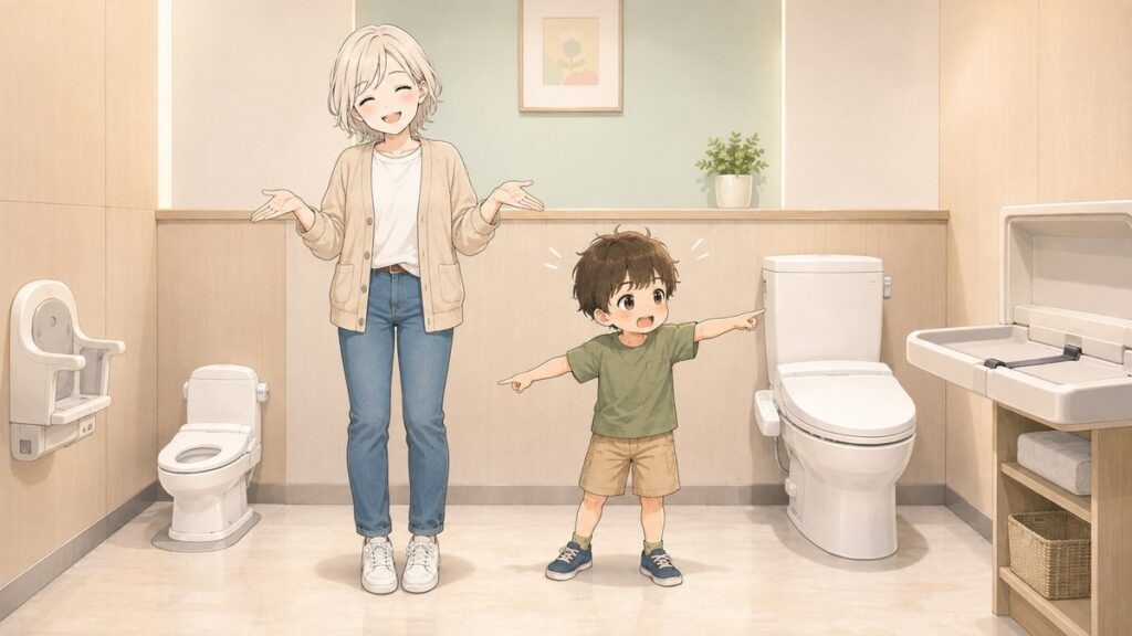 Japanese shopping mall family restroom with a child-size toilet, changing table and baby chair