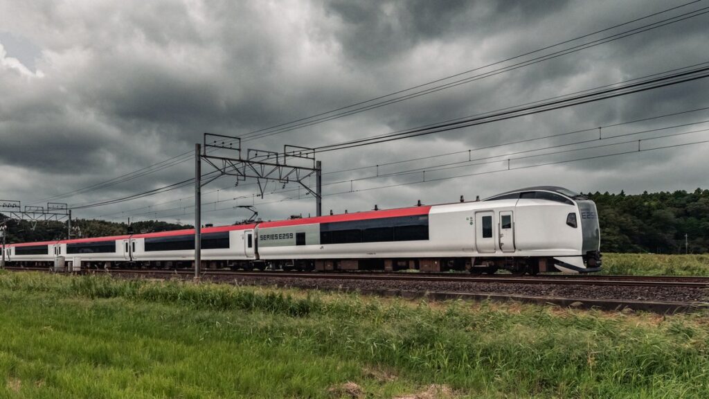 JR East E259 series Narita Express train with its red, black and white livery