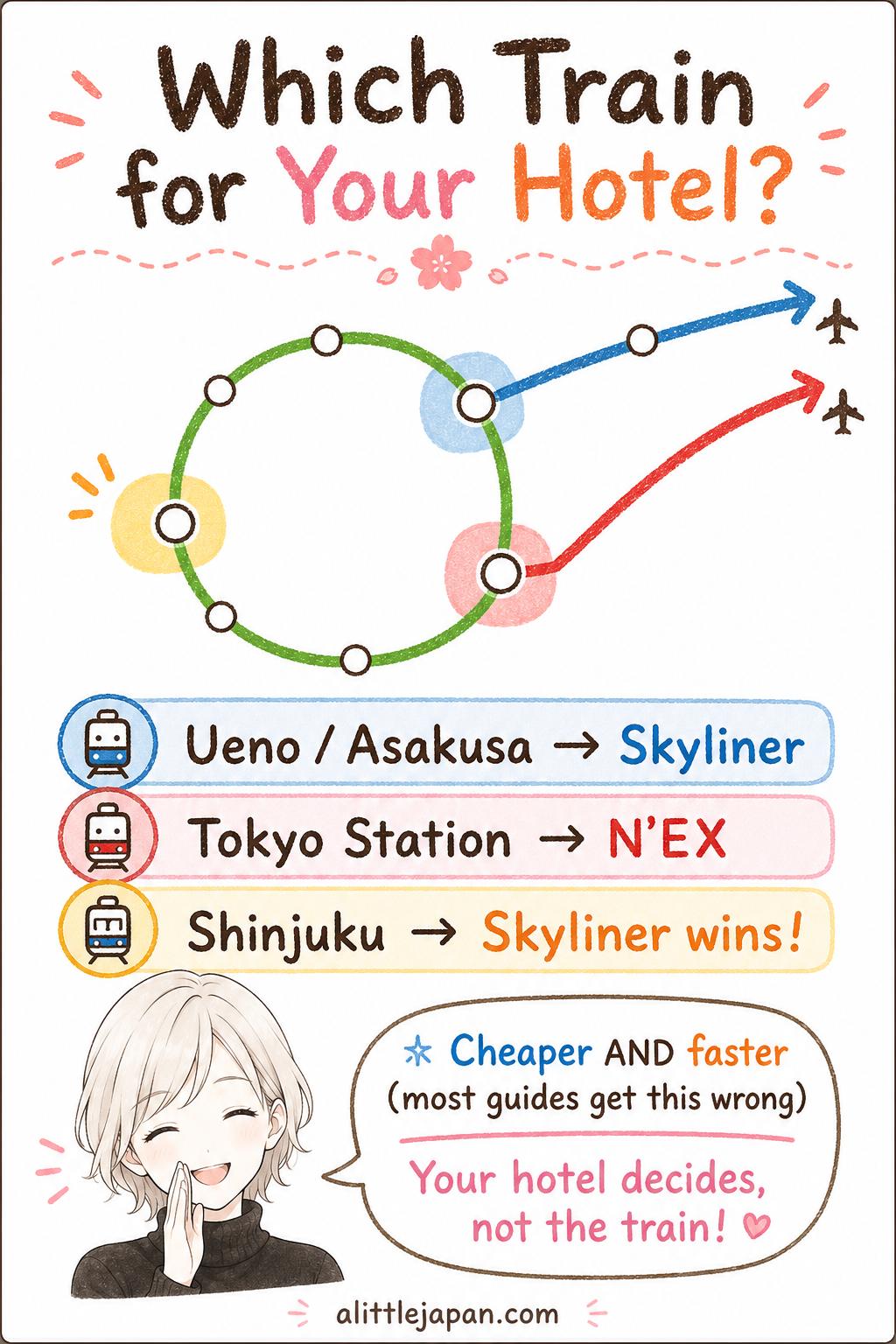 Tokyo map showing which train to choose by hotel area - Skyliner for Ueno, N'EX for Tokyo Station