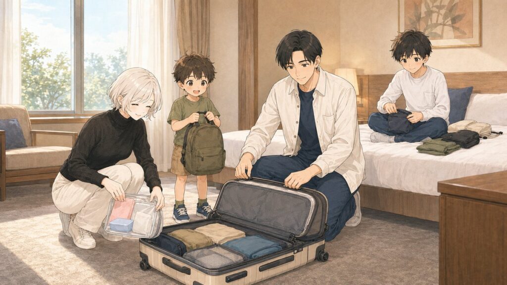 Packing Japanese foot sheets, eye masks and sheet masks into a clear pouch on the last morning of a trip
