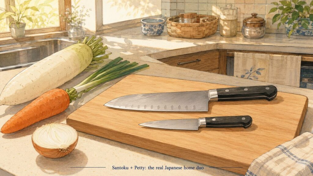 A santoku and a petty knife on a wooden board in a Japanese home kitchen