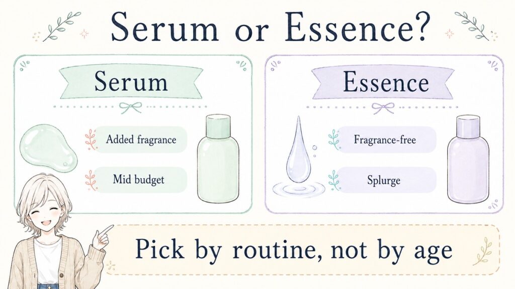 Comparison chart for choosing between a serum with fragrance and a fragrance-free essence, by routine not age