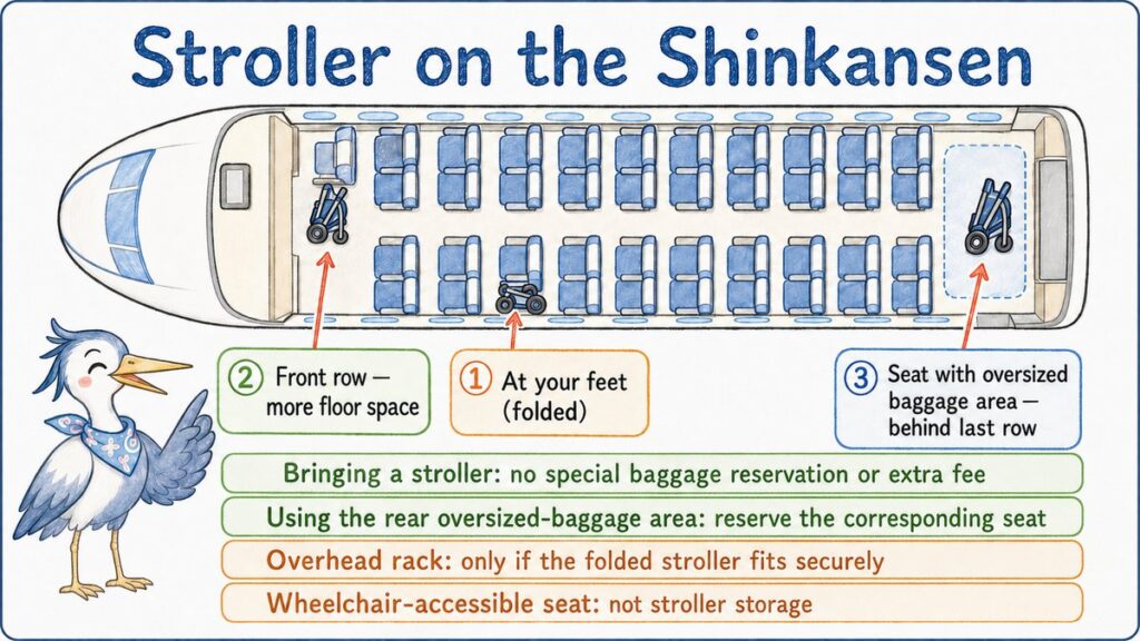 Diagram of three places to keep a stroller on the Shinkansen: at your feet, the front row, or a seat with an oversized baggage area