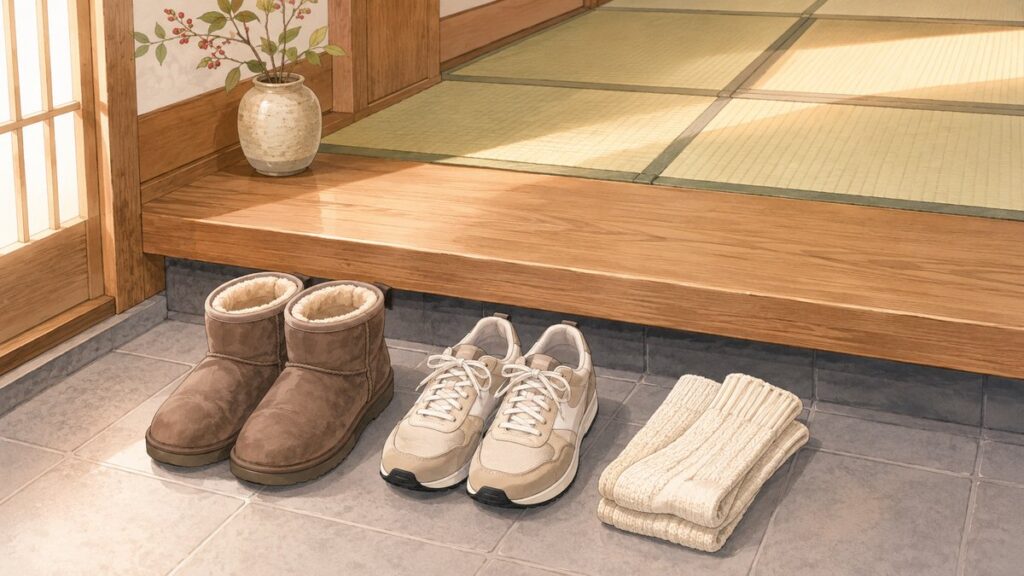 Easy-to-remove short boots and sneakers with warm socks at a traditional Japanese entrance