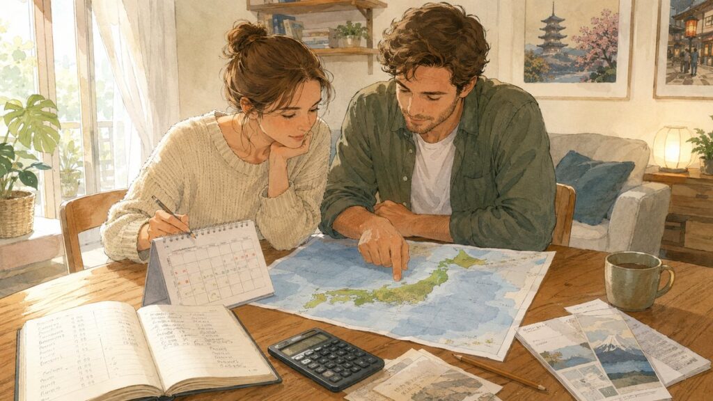 Travelers planning a first trip to Japan with a calendar, map, and budget notebook on a table