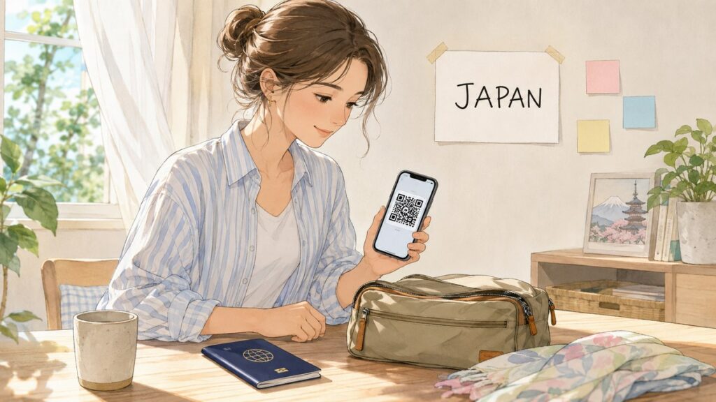 Passport, smartphone with a QR code, and a small travel bag laid out before flying to Japan