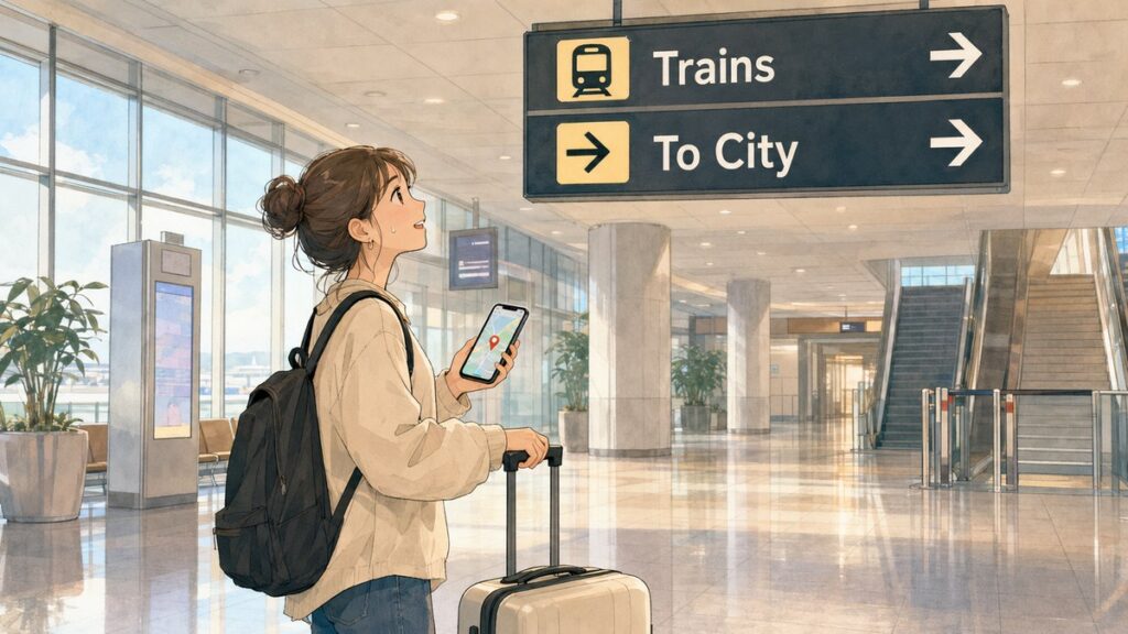 Traveler in a Japanese airport arrival lobby checking train signs and the hotel station on a phone