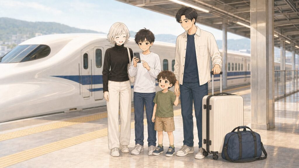 Family on a Shinkansen platform in Japan checking their itinerary with a suitcase and an overnight bag