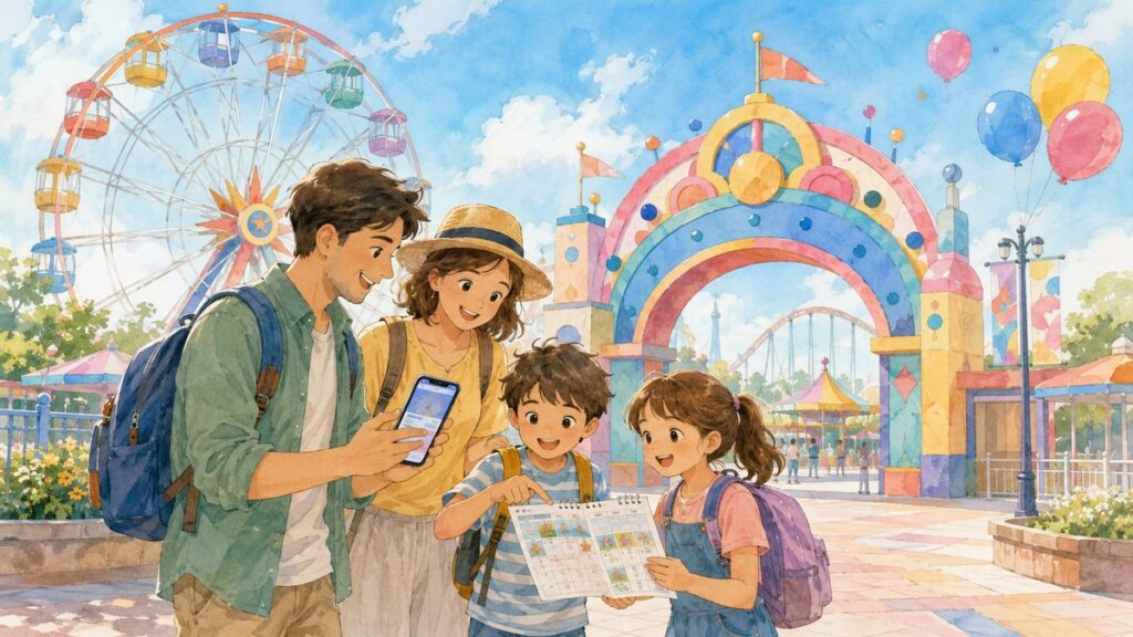 Family planning their theme park day in Osaka with tickets on a phone and a calendar
