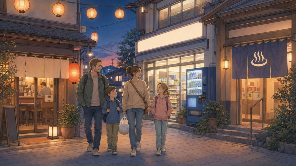 Family walking through a Japanese shopping street in the evening past restaurants, a convenience store, and a bathhouse