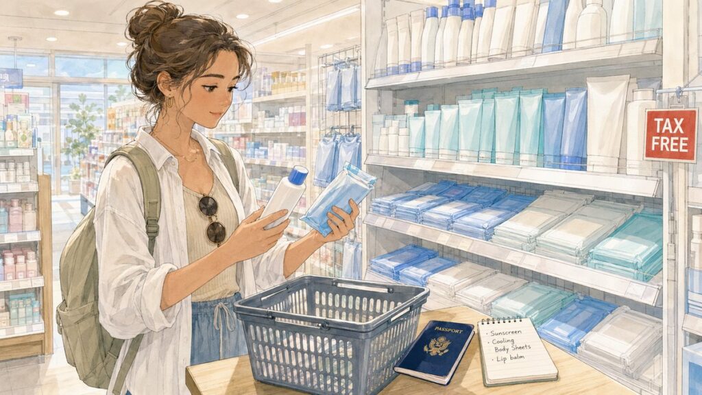 Traveler choosing sunscreen and cooling sheets in a Japanese drugstore