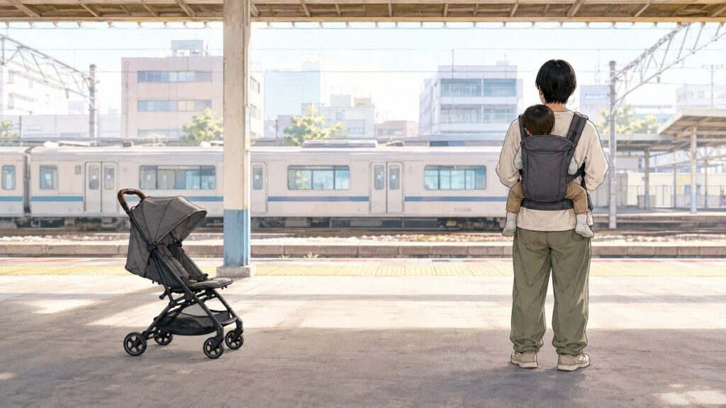 A compact stroller and a parent with a baby carrier side by side on a Japanese station platform