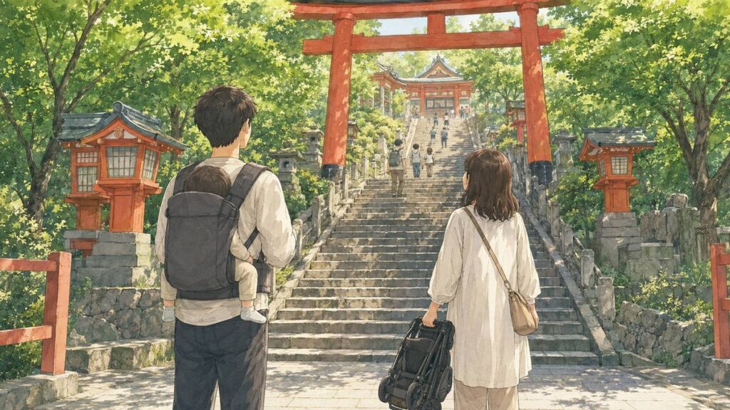 Family at the bottom of long stone temple steps in Kyoto, one parent using a baby carrier while the other holds a folded stroller