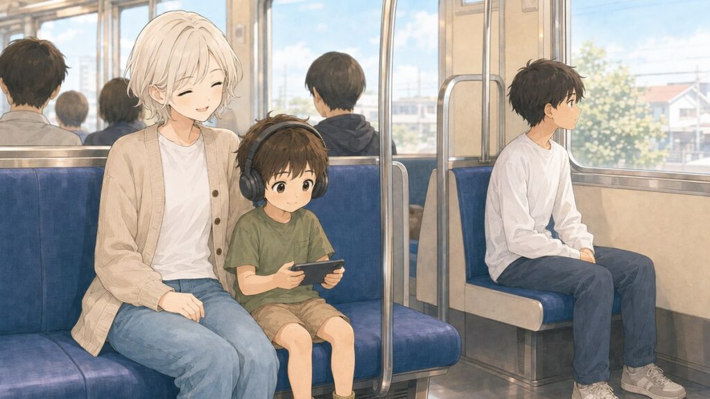Parent calming a restless young child with headphones on a quiet Japanese train
