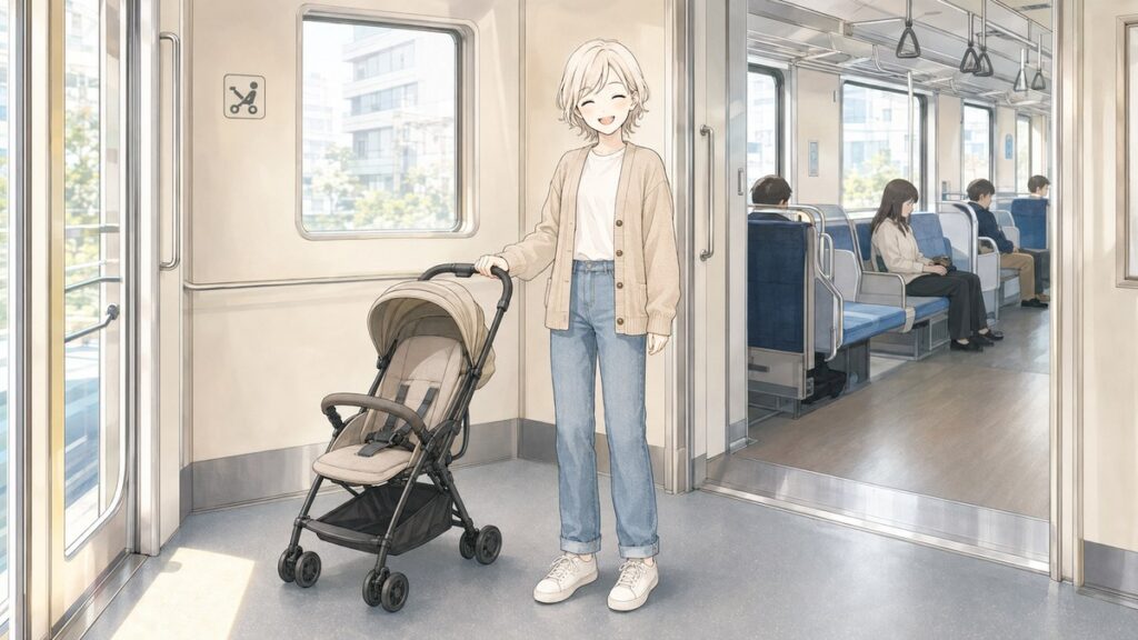 Parent standing with an open compact stroller in the free space at the end of a Japanese train carriage