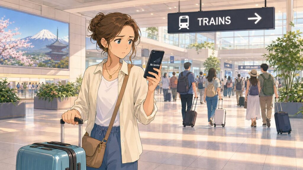 A traveler at a Japanese airport looking at a phone with no mobile signal after landing