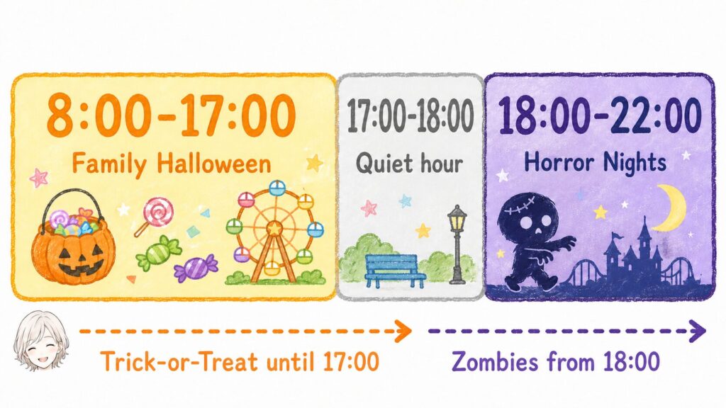 Timeline showing family Halloween until 17:00 and Halloween Horror Nights from 18:00 at USJ