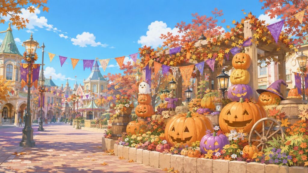Pumpkin and autumn Halloween decorations along a USJ street in daytime