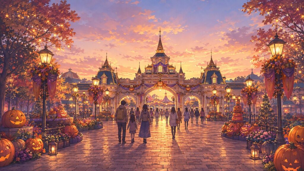 Universal Studios Japan entrance decorated for Halloween at dusk