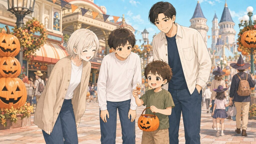 A family trick-or-treating at USJ during the daytime Halloween season