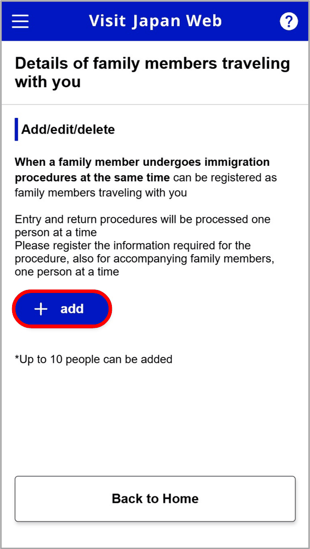 Visit Japan Web screen for adding family members traveling with you