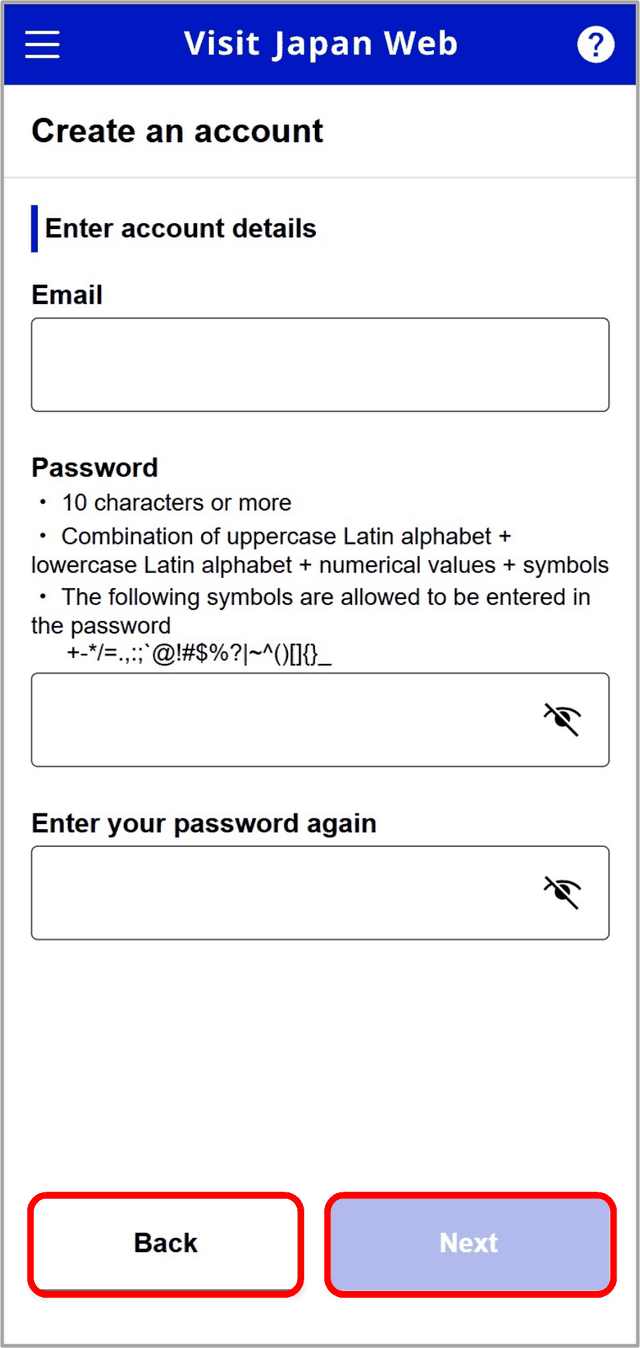 Visit Japan Web account creation screen showing email and password fields