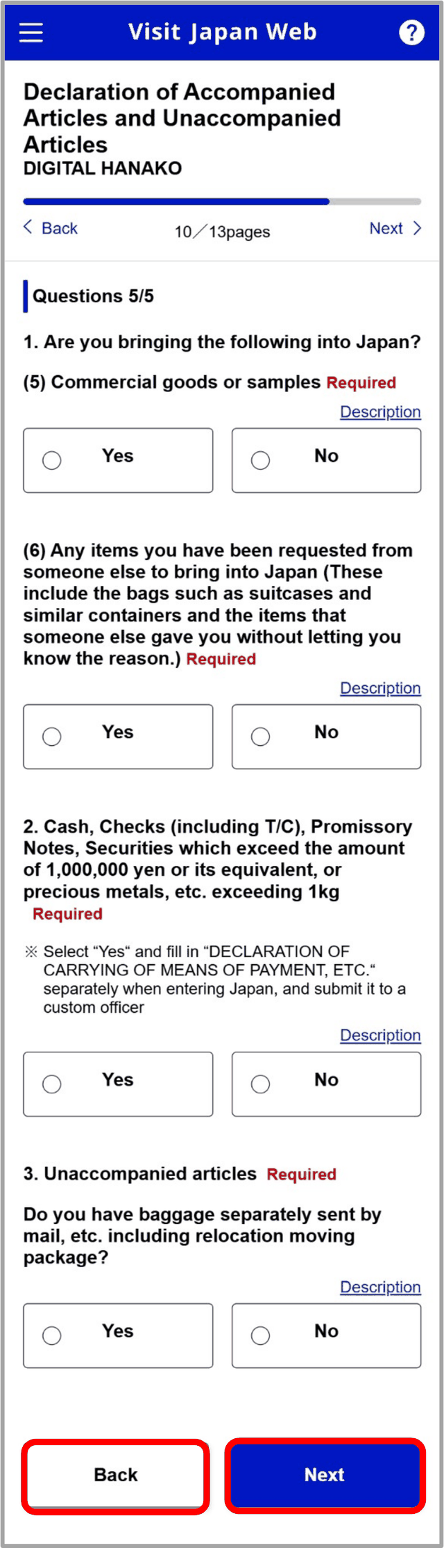 Visit Japan Web customs declaration questions about restricted items and cash