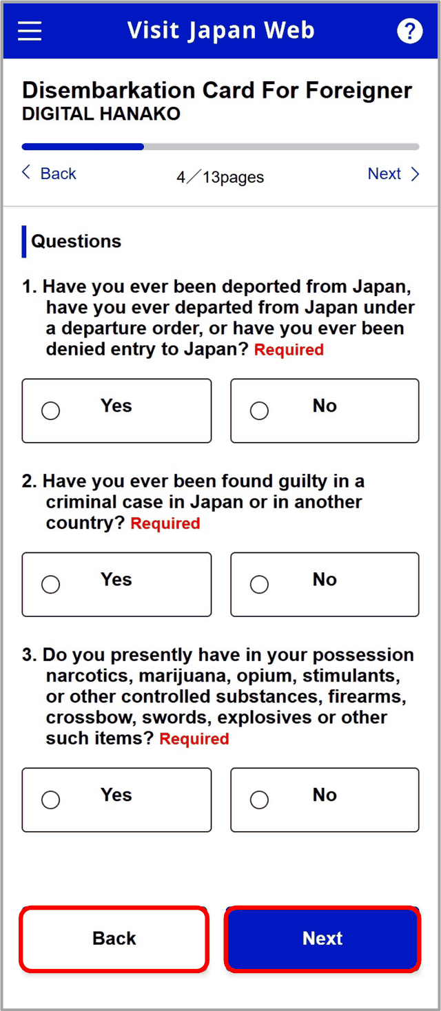 Visit Japan Web disembarkation card questions for foreign visitors