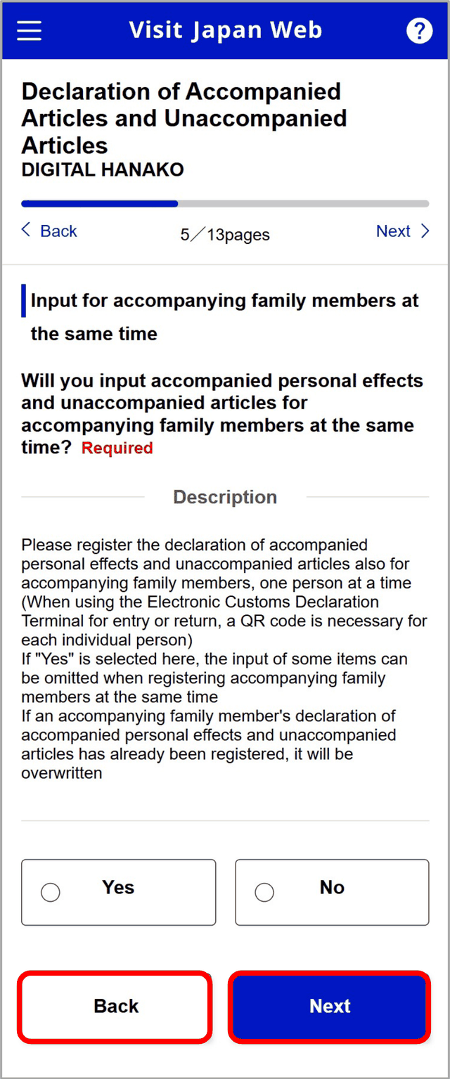 Visit Japan Web option to declare customs for accompanying family members at the same time