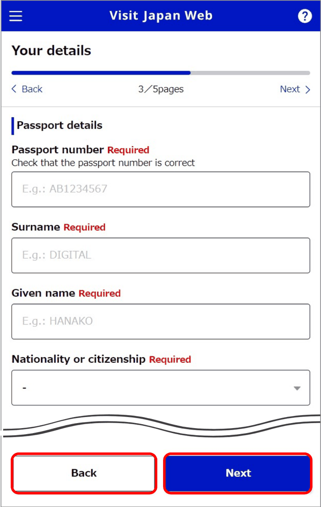 Visit Japan Web passport details entry form