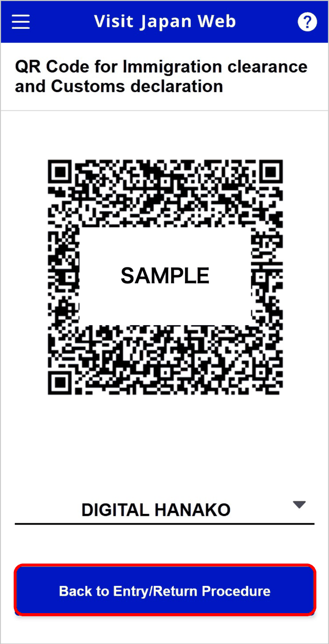 Completed Visit Japan Web QR code for immigration clearance and customs declaration