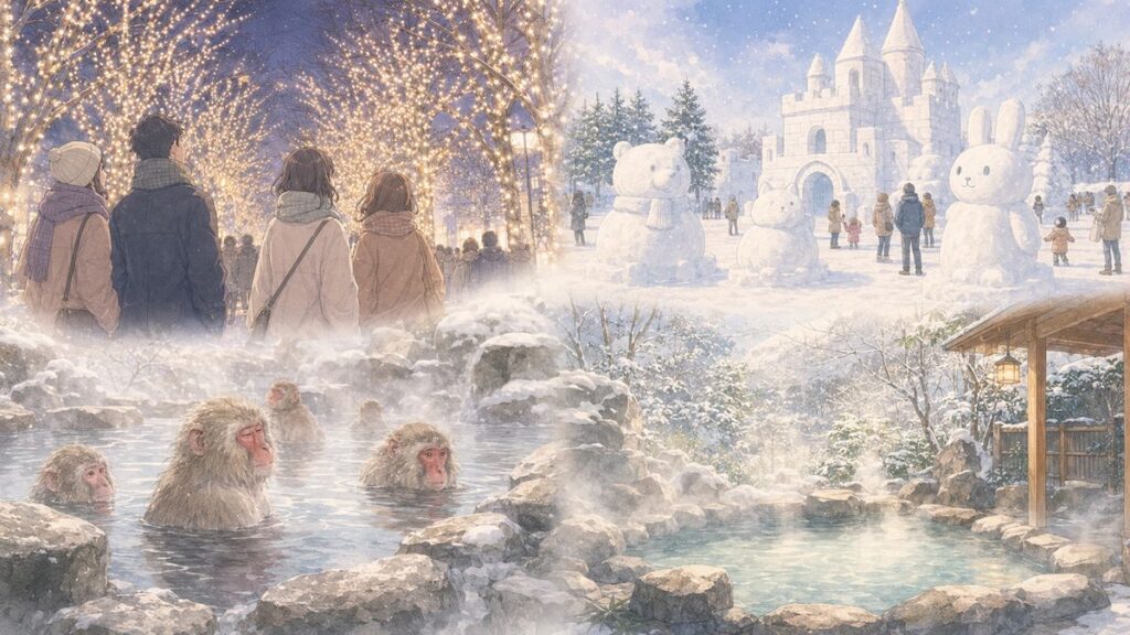 Winter travel scenes in Japan including illuminations, snow sculptures, snow monkeys and an outdoor hot spring