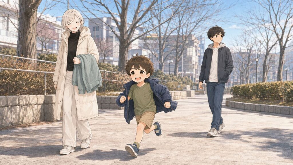 Japanese mother carrying a spare layer while her young son runs ahead in a fleece on a winter day