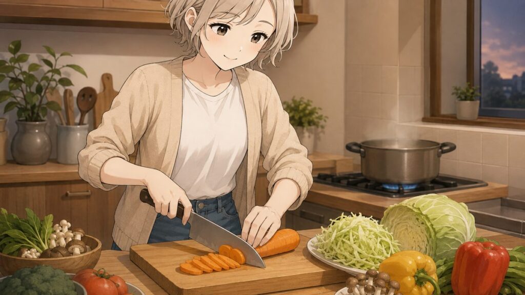 A Japanese mom slicing vegetables with a santoku knife for a family dinner