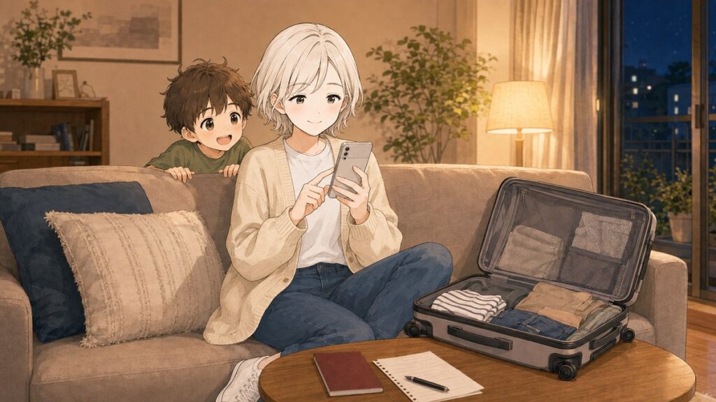 A Japanese mom setting up a travel eSIM on her phone at home the night before a trip to Japan