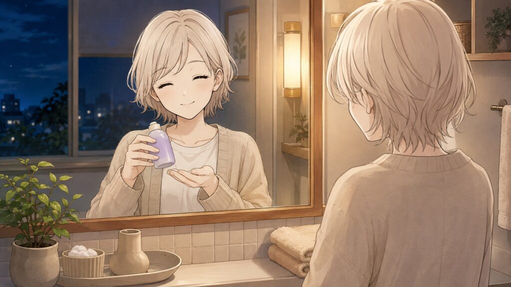 A Japanese mom enjoying her relaxing evening skincare routine at home