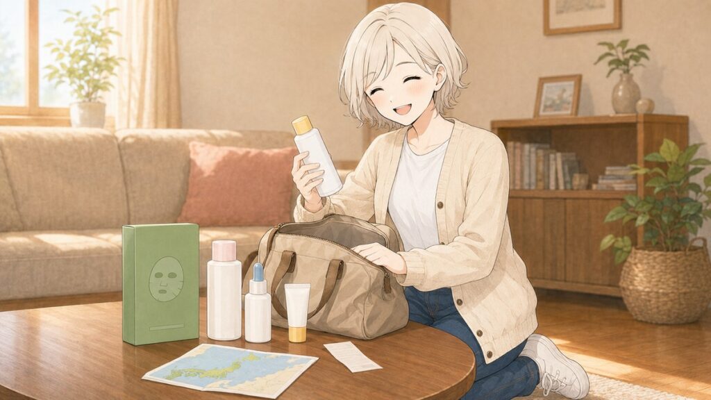 YUU unpacking a few Japanese skincare products at home after a trip