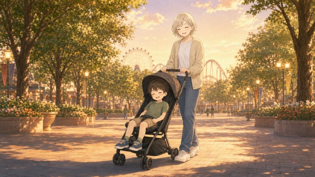 Japanese mom pushing a compact stroller with her tired 4-year-old at a large theme park in the evening