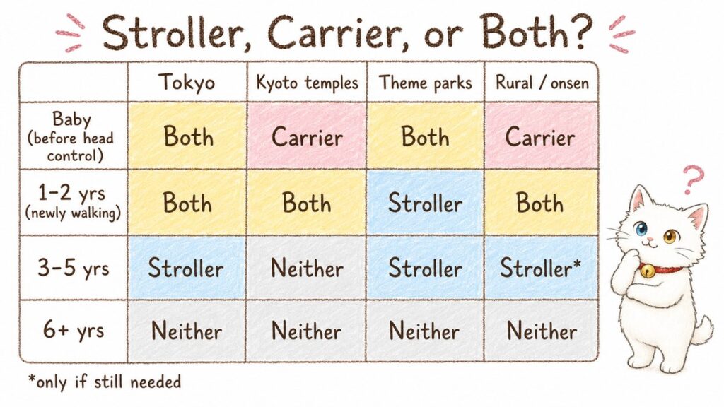 Chart showing whether to bring a stroller, a carrier, or both to Japan by child age and itinerary type