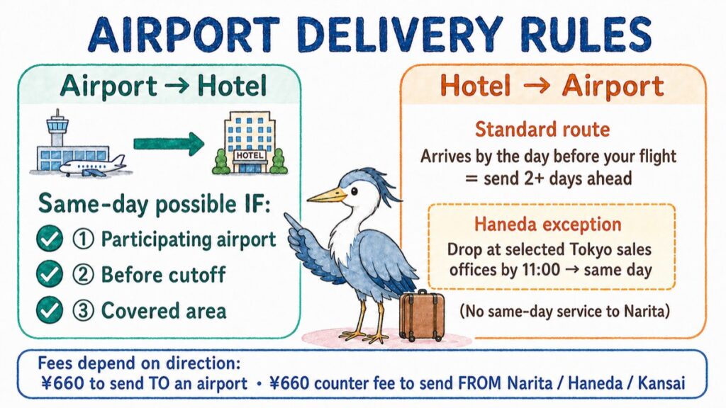 Diagram of airport to hotel same-day conditions and hotel to airport timing