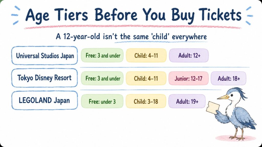Chart of child and adult age tiers at Universal Studios Japan, Tokyo Disney Resort and LEGOLAND Japan