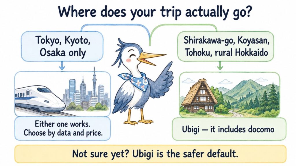 Flowchart for choosing between Airalo and Ubigi depending on whether your Japan trip includes rural areas