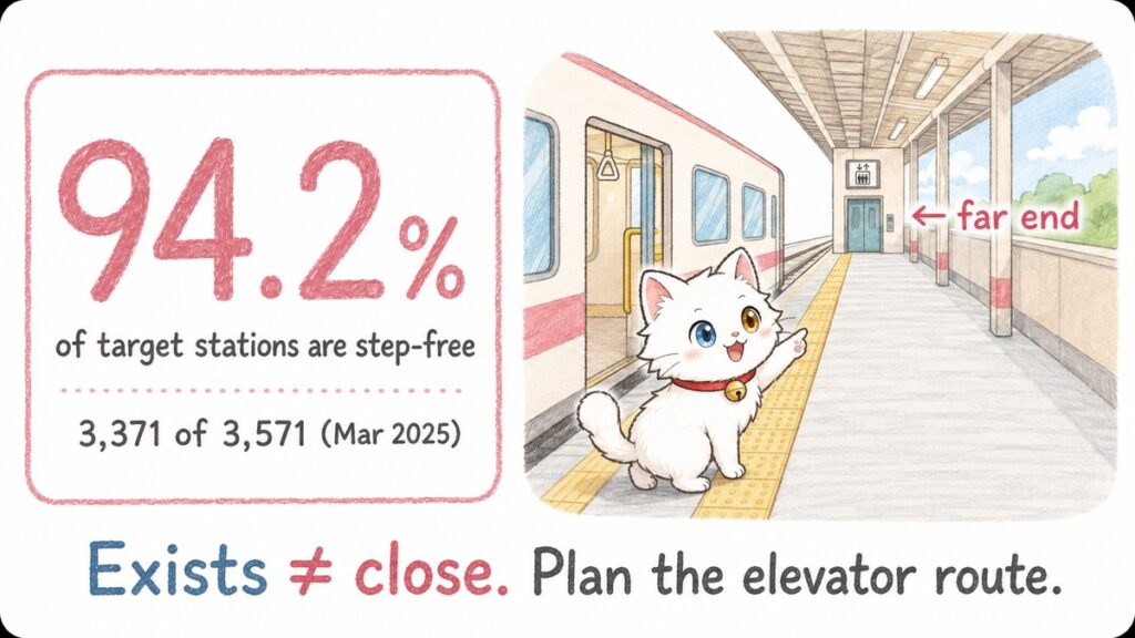 Diagram showing 94.2 percent of target Japanese stations are step-free and the elevator is often at the far end of the platform