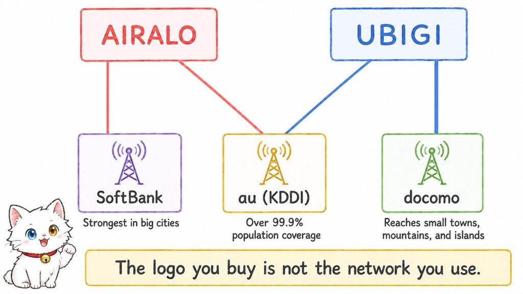 Diagram showing that Airalo connects to SoftBank and au while Ubigi connects to NTT Docomo and au in Japan